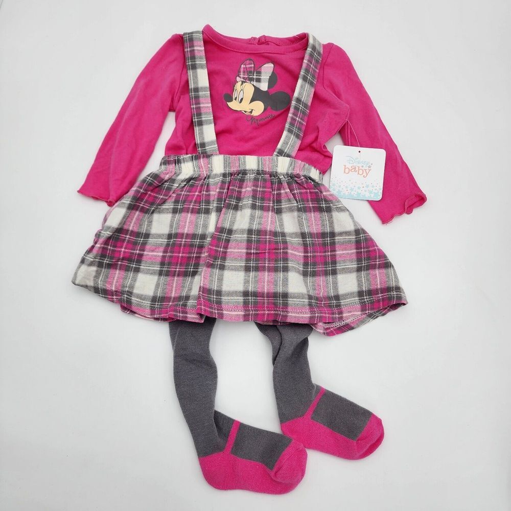 DISNEY MINNIE MOUSE 3-PIECE OVERALL SKIRT SET WITH TIGHTS 6-9M. NEW PINK